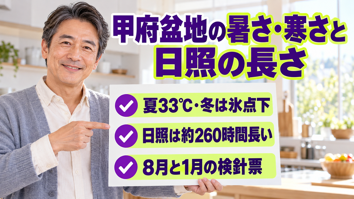甲府盆地の暑さ・寒さと日照の長さ